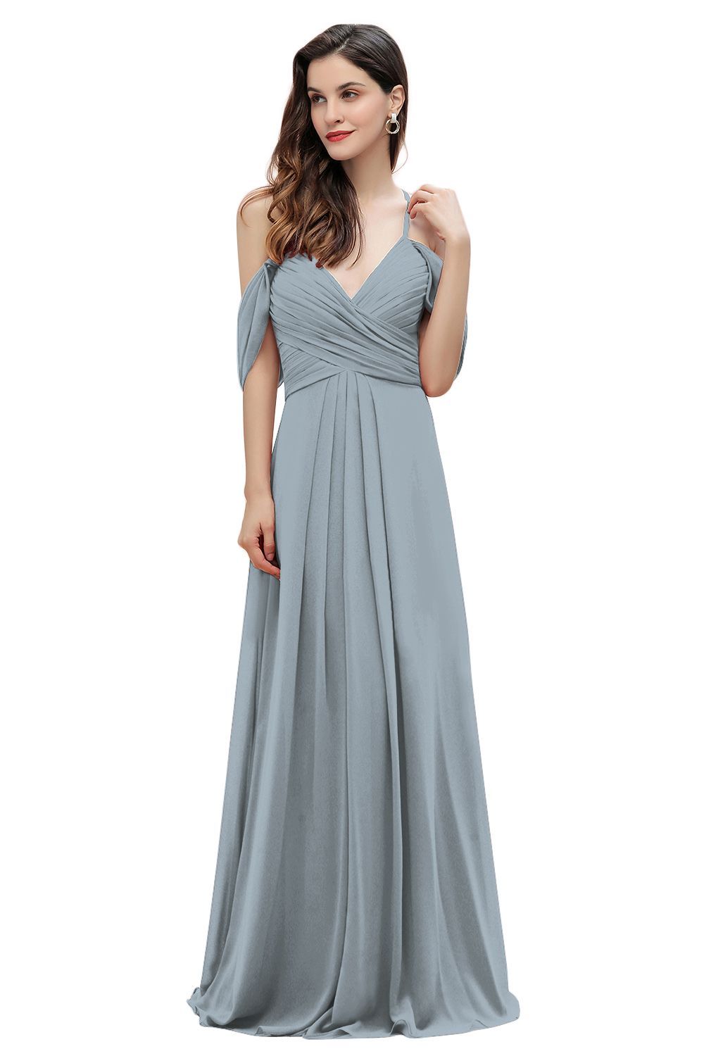 Elegant A-line Off-the-Shoulder V-neck Ruched Long Bridesmaid Dress-27prom