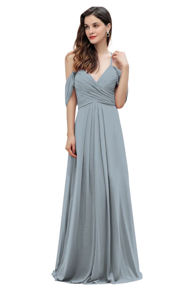 Elegant A-line Off-the-Shoulder V-neck Ruched Long Bridesmaid Dress-27prom