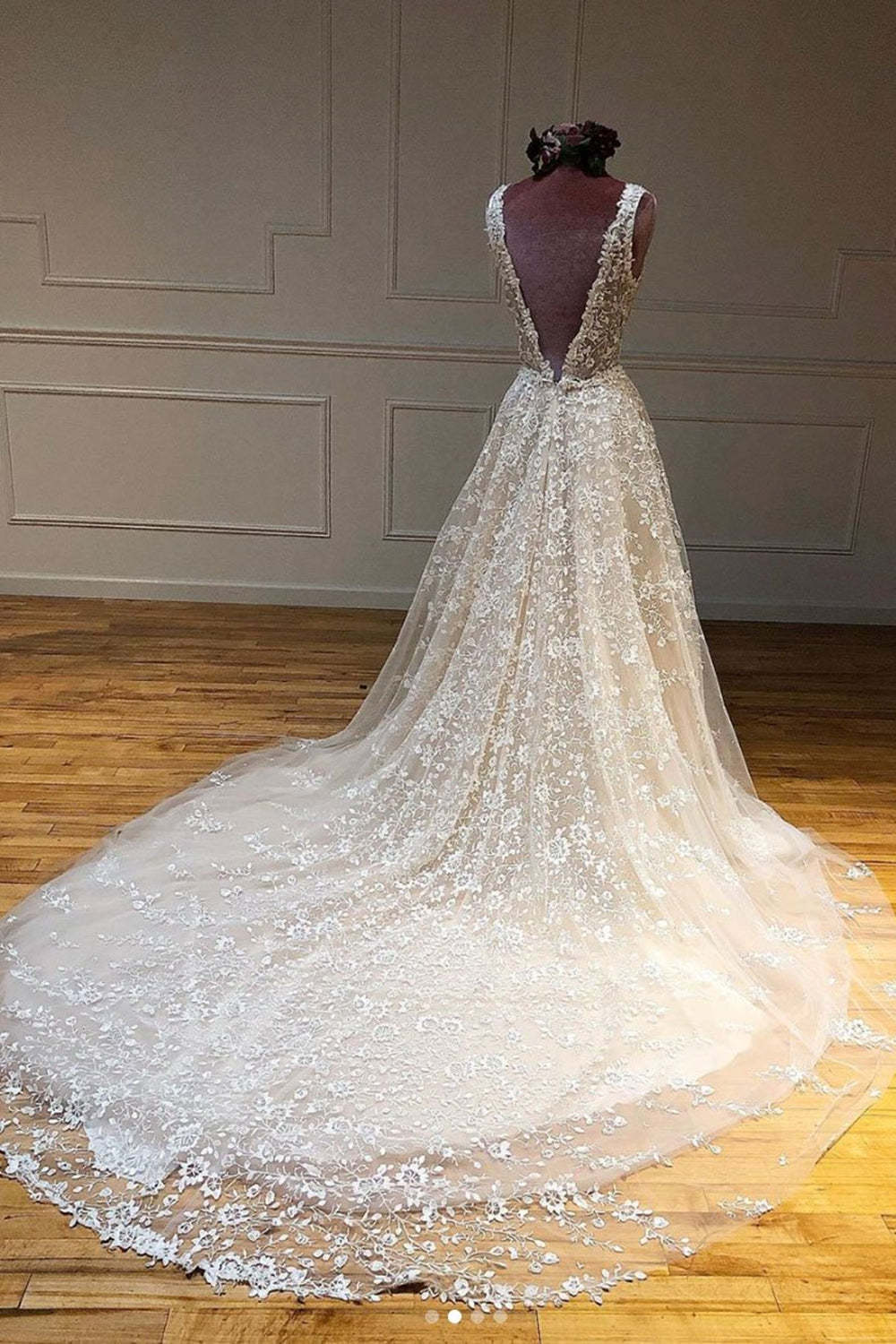 Deep V Neck and V Back Champagne Lace Long Wedding Dresses, Champagne Lace Prom Formal Evening Dresses