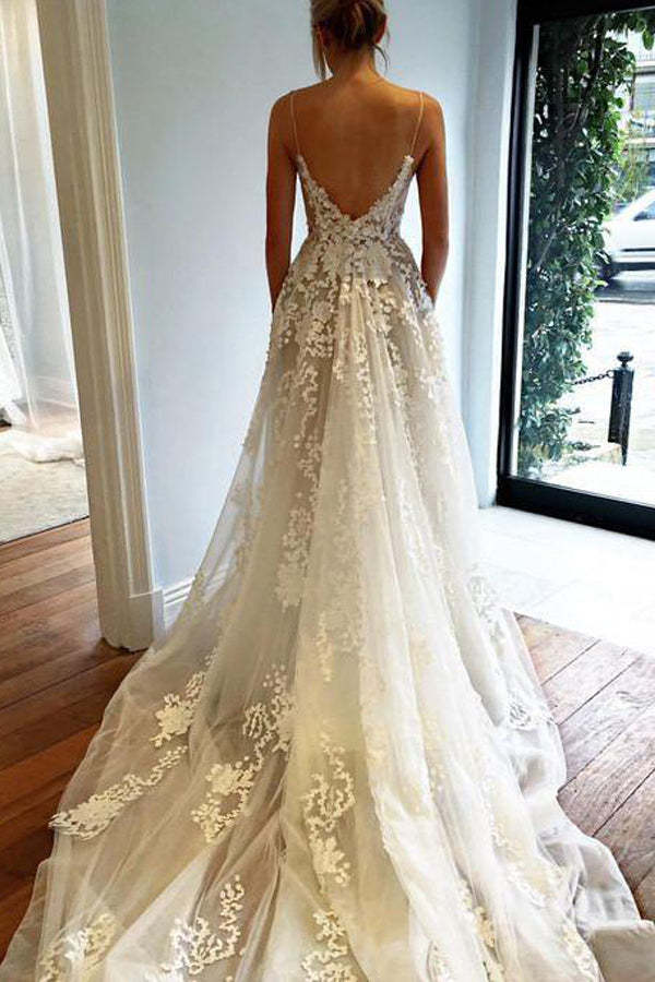 Deep V Neck Beach Wedding Dress
