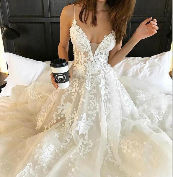 Deep V Neck Beach Wedding Dress