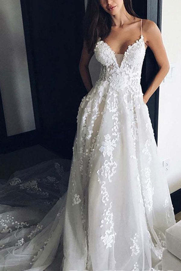Deep V Neck Beach Wedding Dress