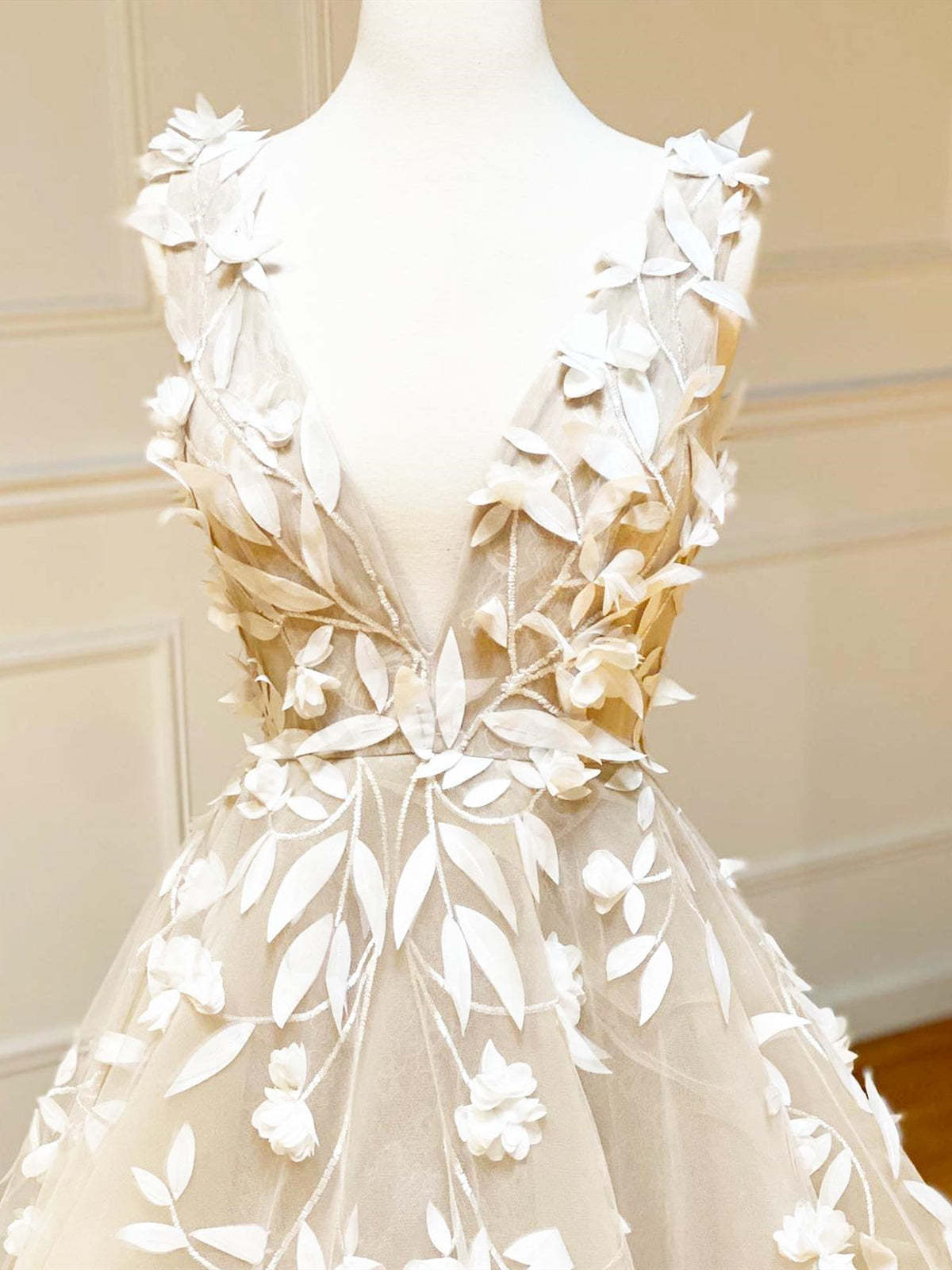 Deep V Neck Champagne Lace Floral Long Prom Dresses, V Neck Champagne Formal Evening Dresses