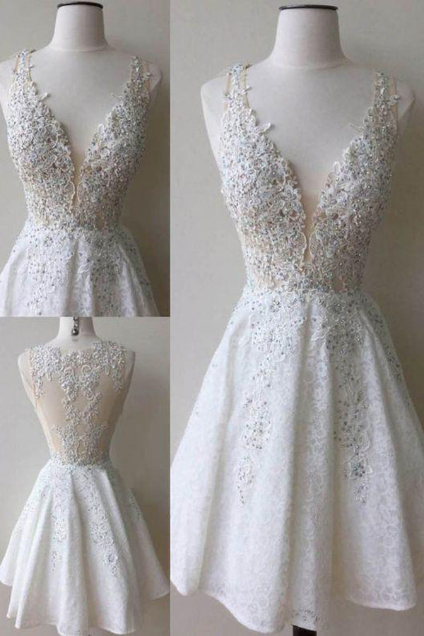 Deep V Neck  Lace Short Homecoming Dress