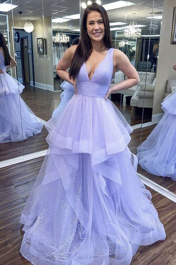 Deep V Neck Lavender Tulle Sleeveless Prom Dress