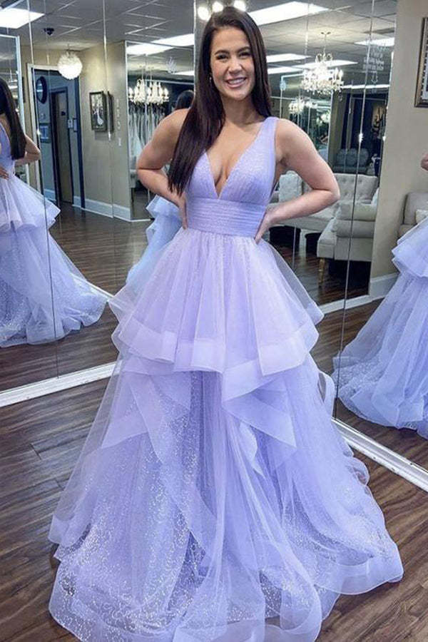 Deep V Neck Lavender Tulle Sleeveless Prom Dress