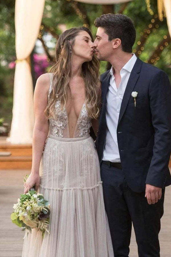 Deep V Neck Open Back Boho Wedding Dress Beach Bridal Gown