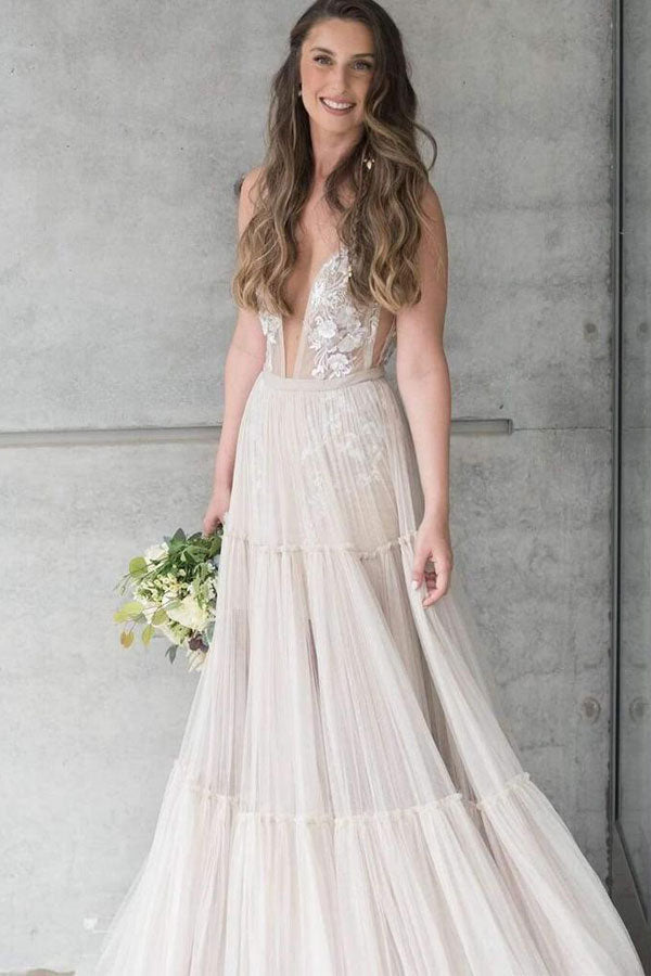 Deep V Neck Open Back Boho Wedding Dress Beach Bridal Gown