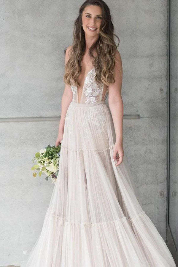 Deep V Neck Open Back Boho Wedding Dress Beach Bridal Gown