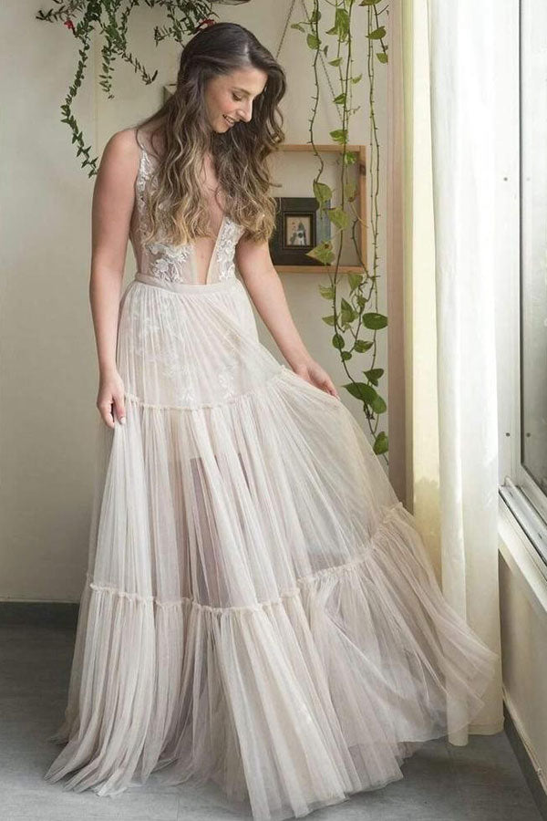 Deep V Neck Open Back Boho Wedding Dress Beach Bridal Gown