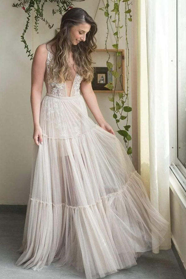 Deep V Neck Open Back Boho Wedding Dress Beach Bridal Gown