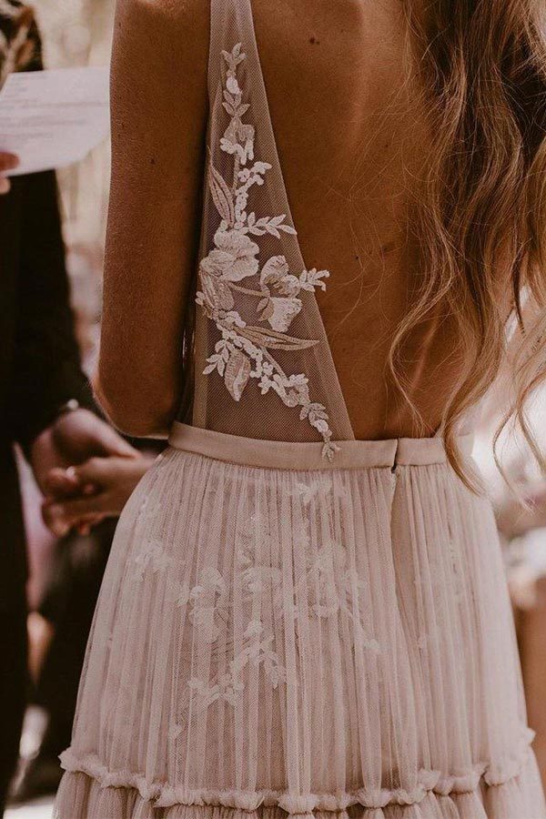 Deep V Neck Open Back Boho Wedding Dress Beach Bridal Gown