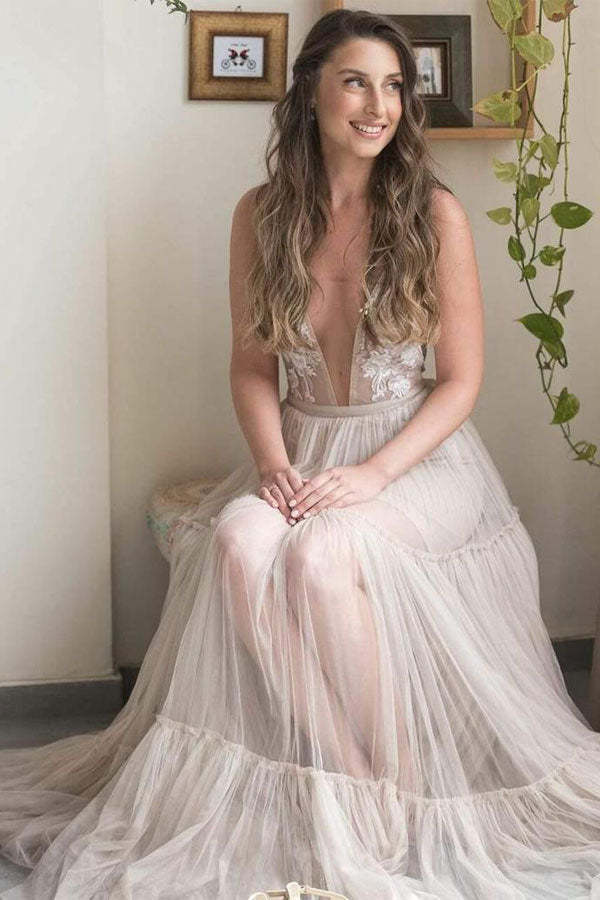 Deep V Neck Open Back Boho Wedding Dress Beach Bridal Gown