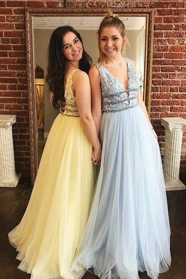 Deep V Neck Open Back Tulle Long Prom Dress With Beading