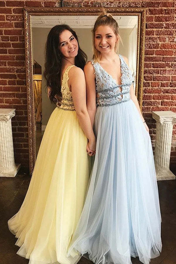 Deep V Neck Open Back Tulle Long Prom Dress With Beading