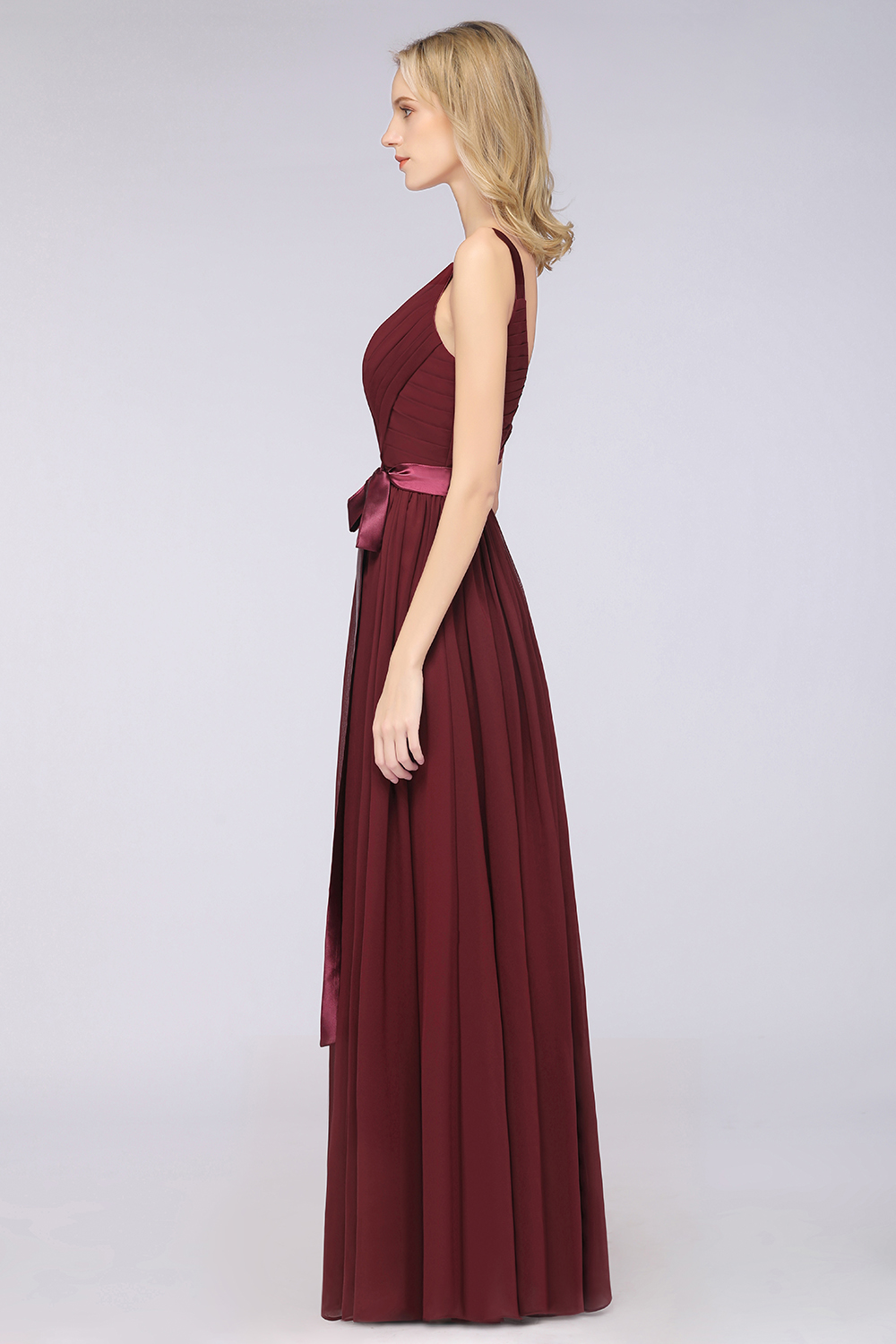 27prom Chic V-Neck Straps Ruffle Burgundy Bridesmaid Dresses with Bow Sash-27prom