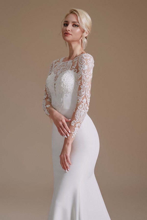 Jewel Neck Satin Lace Long Sleeve Mermaid Wedding Dress