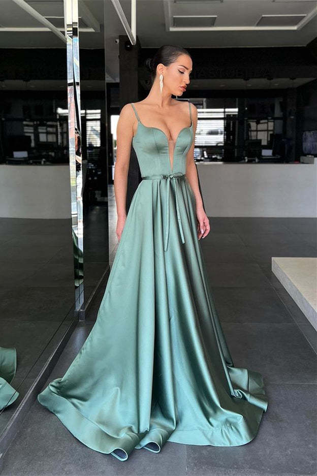 Sage Spaghetti-Strap A-Line Long Prom Dress with Belt