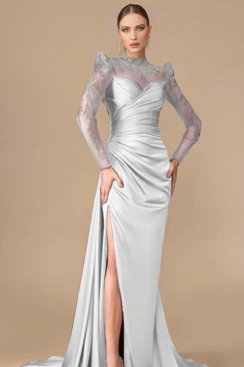 Long Sleeves Long Mermaid Prom Dress With Split Pleated Appliques