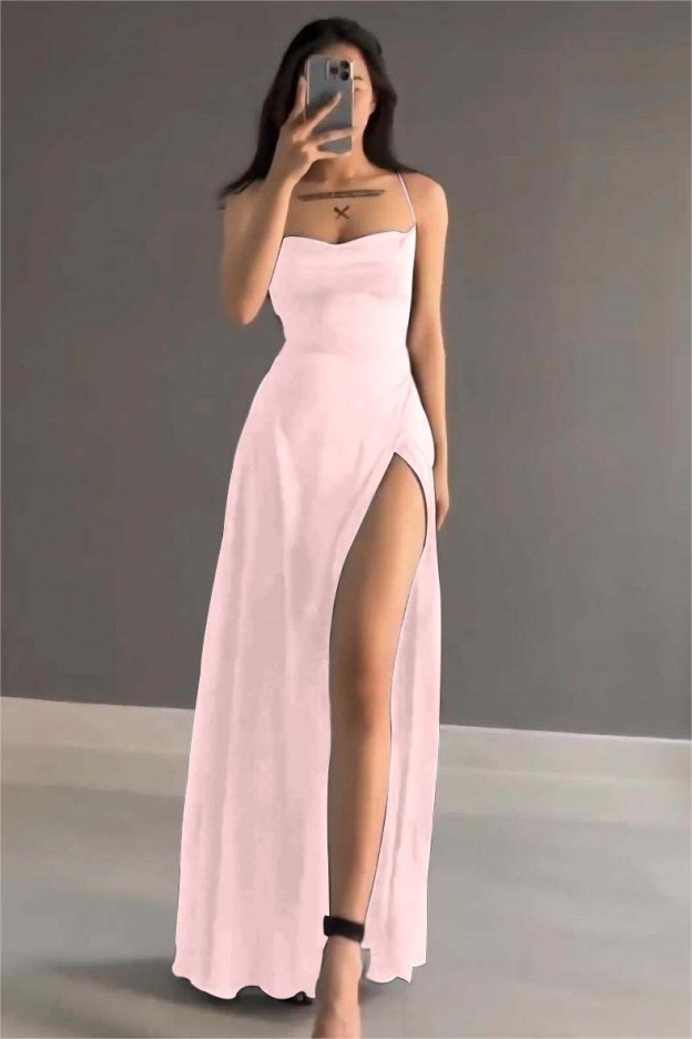Simple Black Stain Spaghetti Strap Sleeveless Long Prom Dress With Split