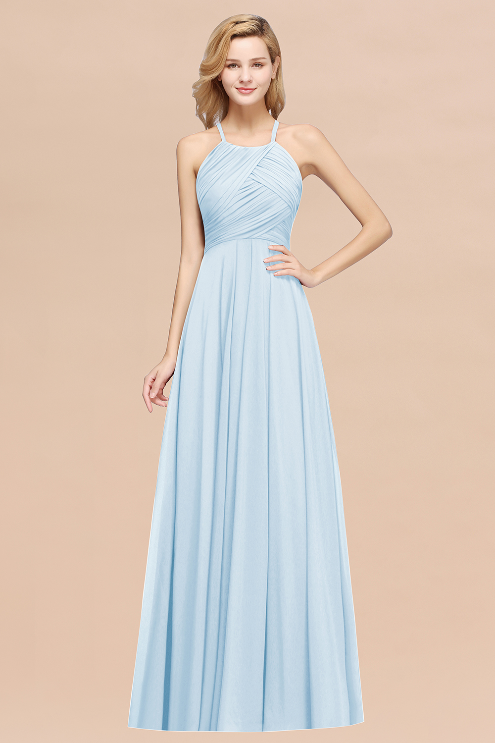 27prom Halter Crisscross Pleated Bridesmaid Dress Blue Chiffon Sleeveless Maid of Honor Dress-27prom