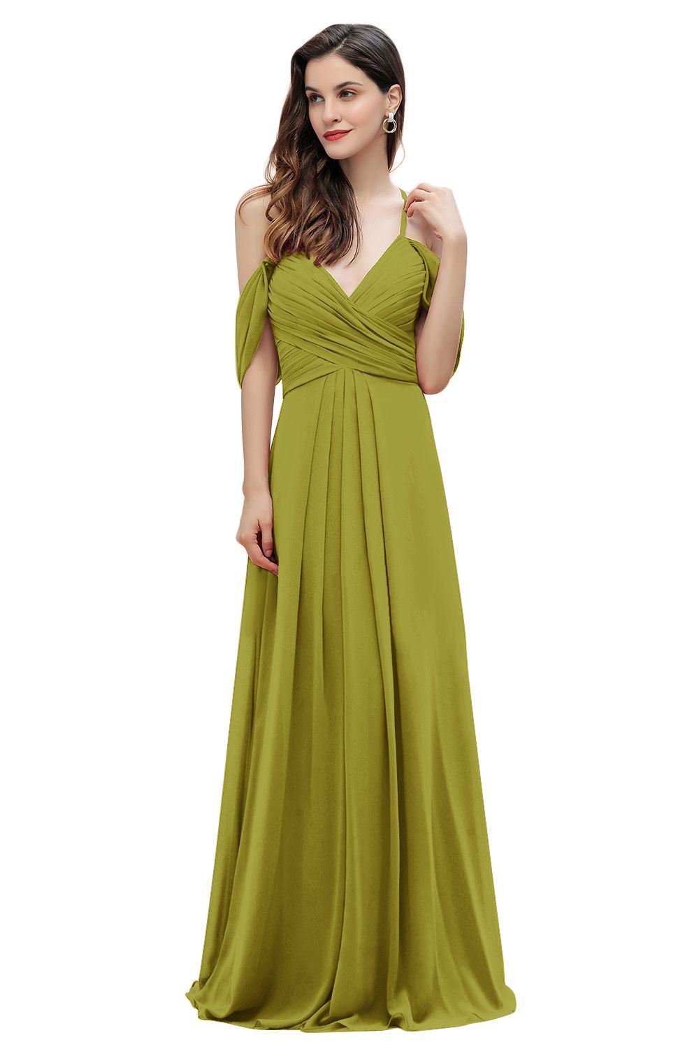 Elegant A-line Off-the-Shoulder V-neck Ruched Long Bridesmaid Dress-27prom