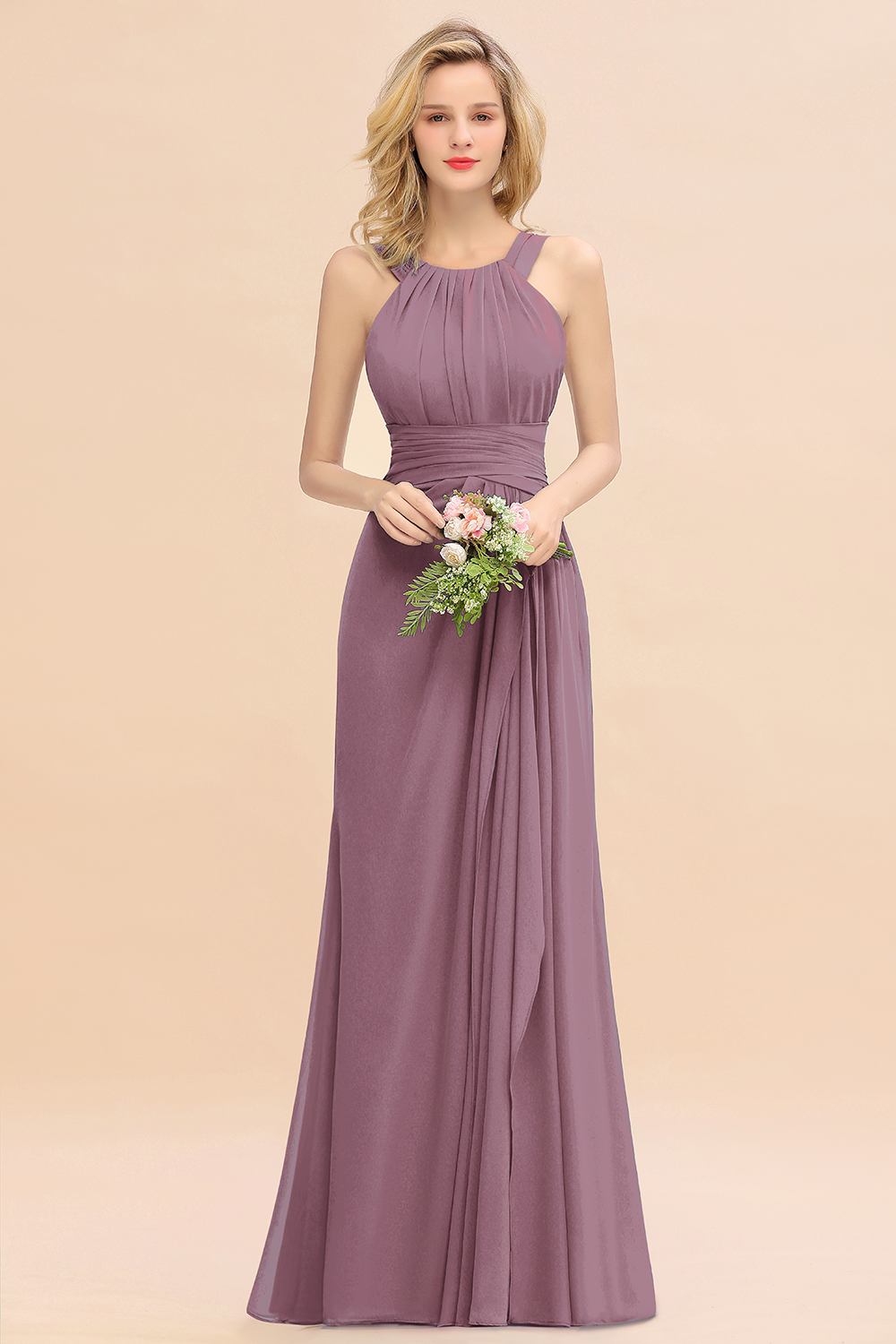 27prom Elegant Round Neck Sleeveless Bridesmaid Dress with Ruffles-27prom