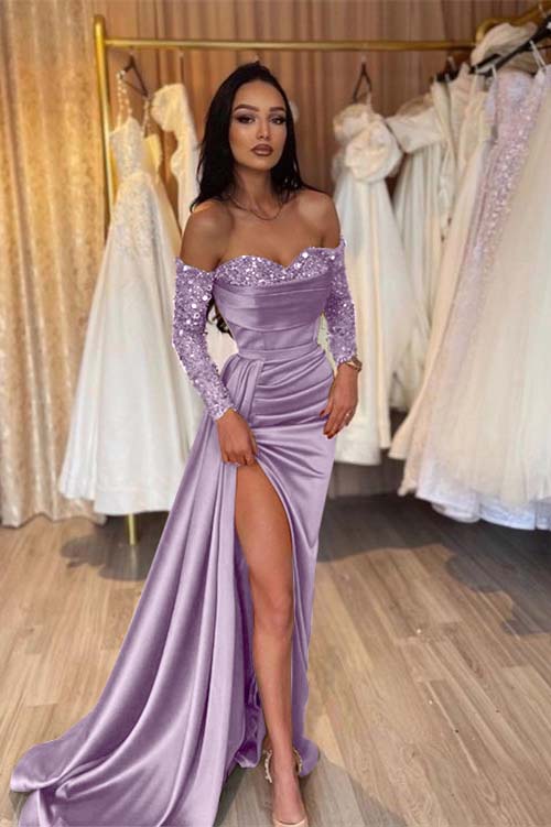 Off the Shoulder Long Sleeves Long Mermaid Prom Dress With Pleated