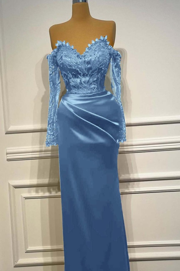 Long Sleeves Strapless Long Mermaid Prom Dress With Beading Pleated
