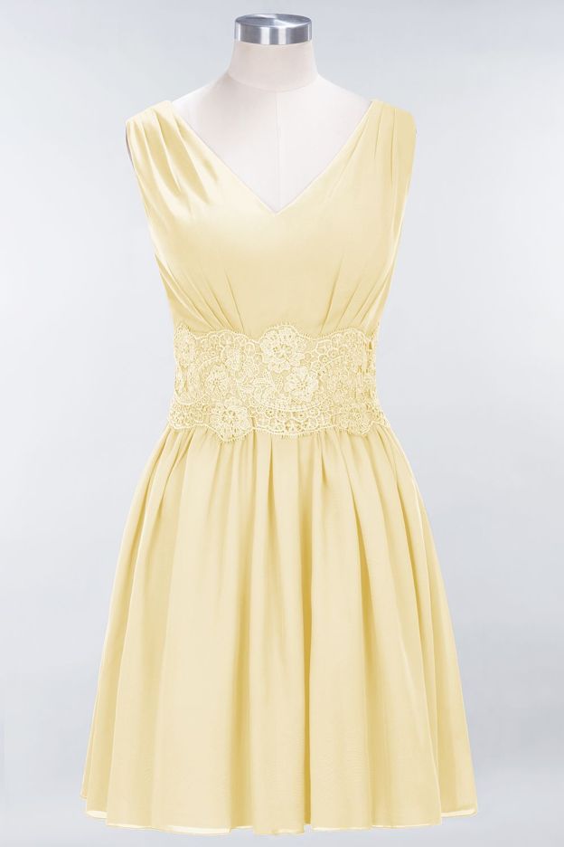 27prom Pretty V-Neck Short Sleeveless Lace Bridesmaid Dresses Online-27prom
