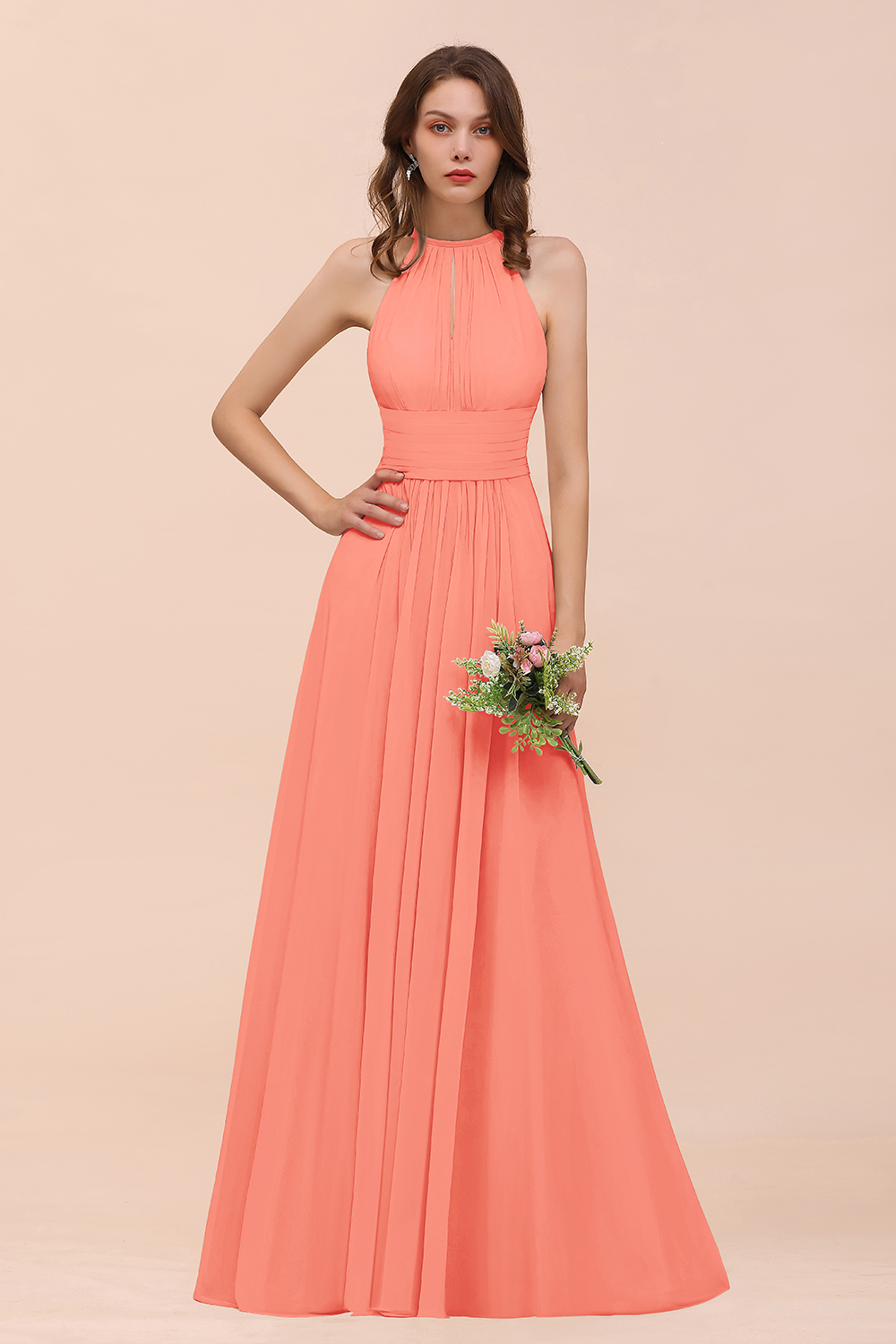 27prom Elegant Chiffon Jewel Ruffle Champagne Affordable Bridesmaid Dress Online-27prom