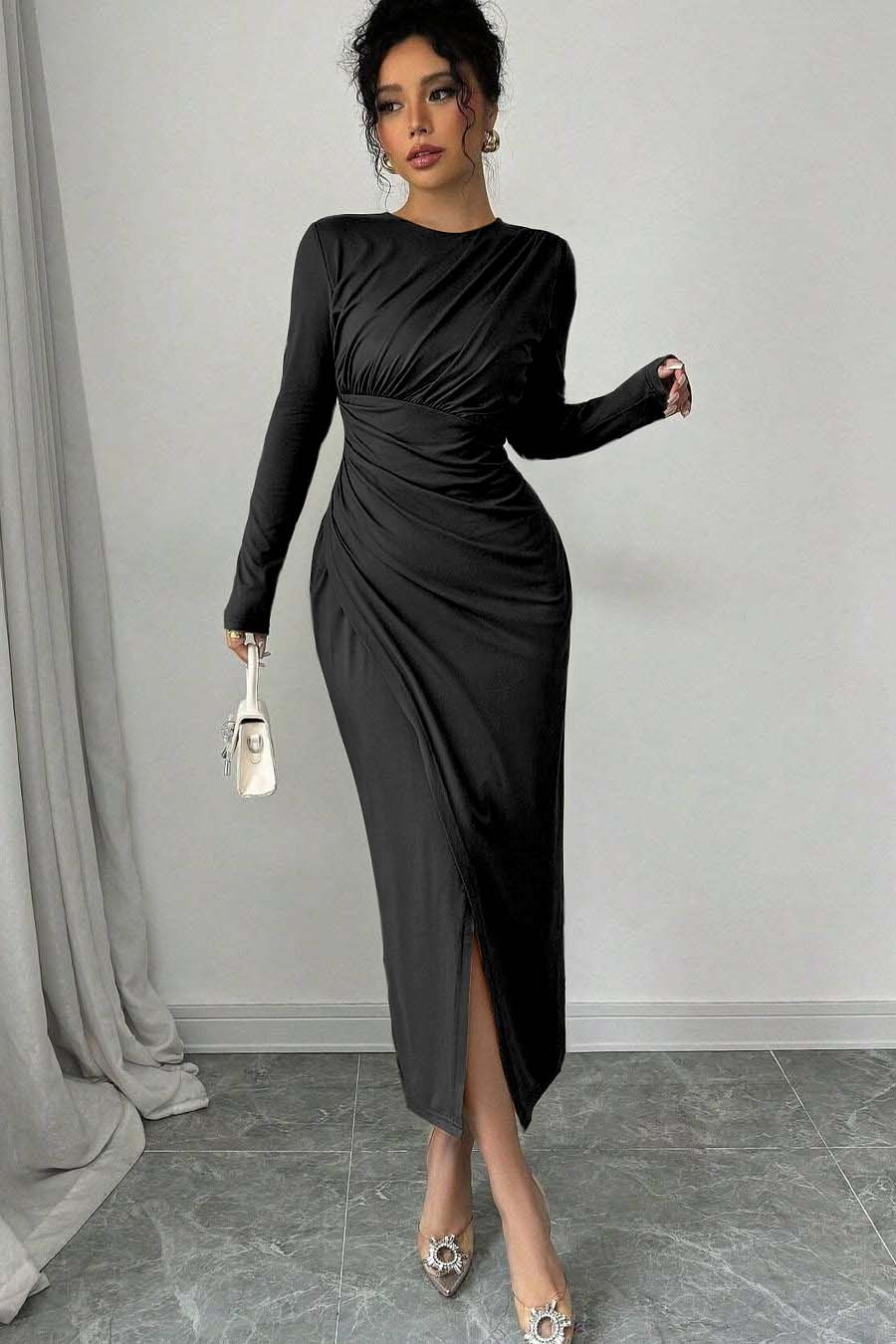 Long Sleeves Jewel Neck Tea Length Prom Dress With Split Pleated