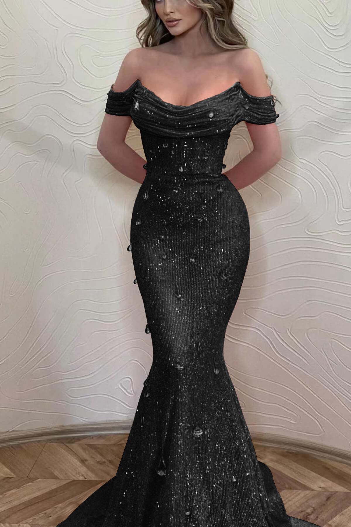 Orange Mermaid Off-The-Shoulder Prom Dress with Sequins