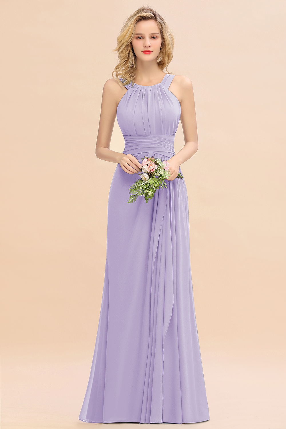 27prom Elegant Round Neck Sleeveless Bridesmaid Dress with Ruffles-27prom