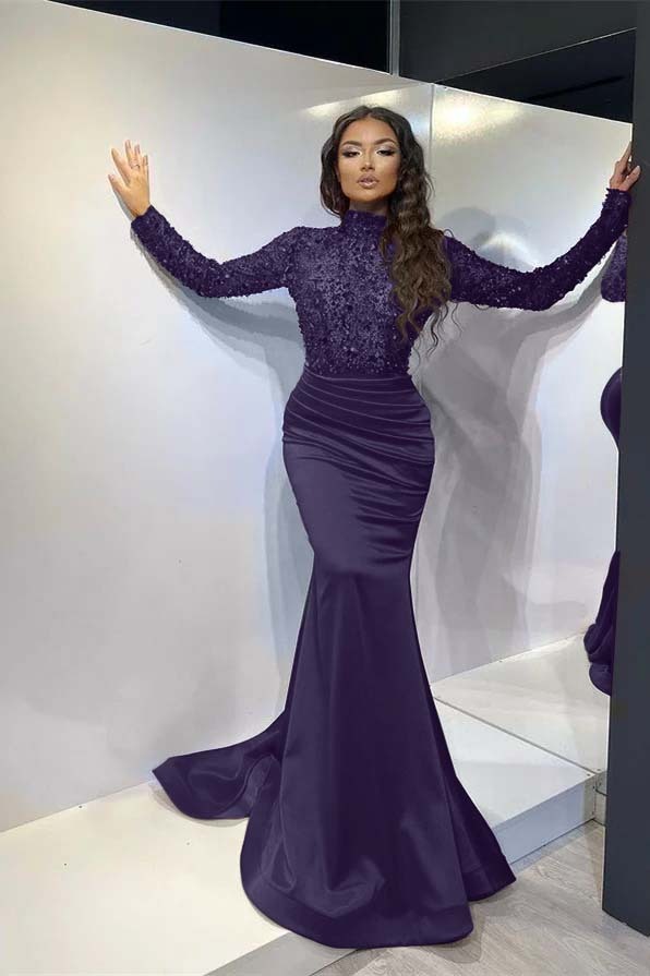 Classic Red Long Mermaid Prom Dress Pleated With Long Sleeves