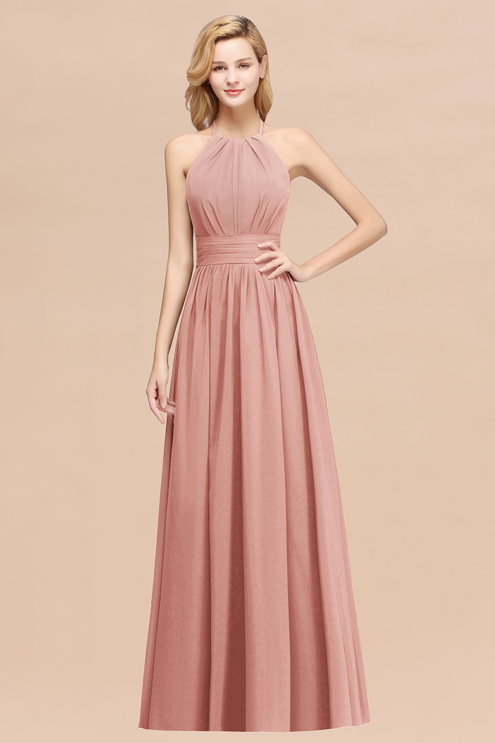 27prom Elegant High-Neck Halter Long Affordable Bridesmaid Dresses with Ruffles-27prom