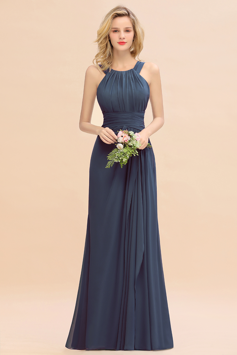 27prom Elegant Round Neck Sleeveless Bridesmaid Dress with Ruffles-27prom