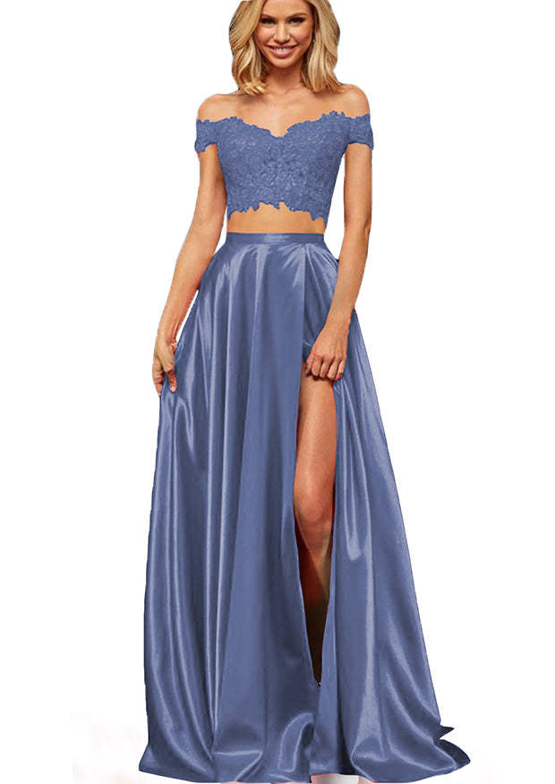 Off-the-Shoulder Two Pieces Prom Dress with Appliques and Slit