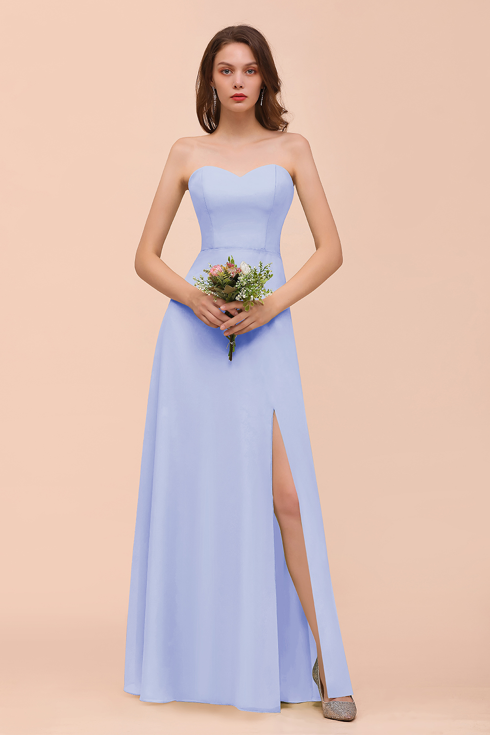 27prom Affordable Strapless Front Slit Long Dusty Sage Bridesmaid Dress-27prom