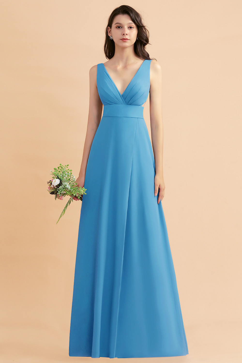 27prom A-Line Dusty Blue Chiffon Ruffles Bridesmaid Dress with Slit-27prom