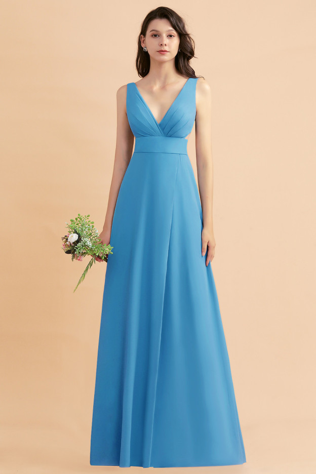 27prom A-Line Dusty Blue Chiffon Ruffles Bridesmaid Dress with Slit-27prom