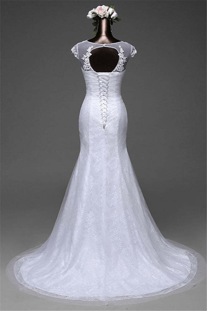 Jewel Neck Long Mermaid Lace Wedding Dress with Tulle Overskirt