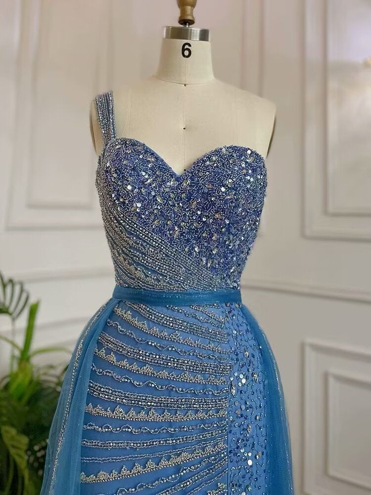 Sleeveless Mermaid Evening Dress with Split, One Shoulder, Sequins, and Tulle