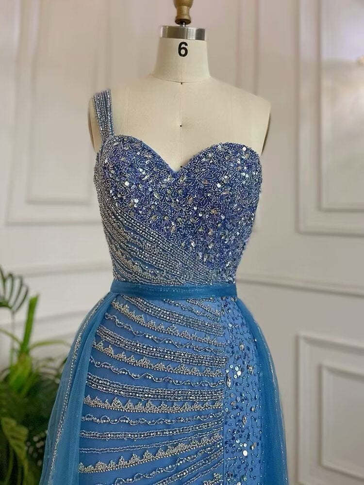 Sleeveless Mermaid Evening Dress with Split, One Shoulder, Sequins, and Tulle