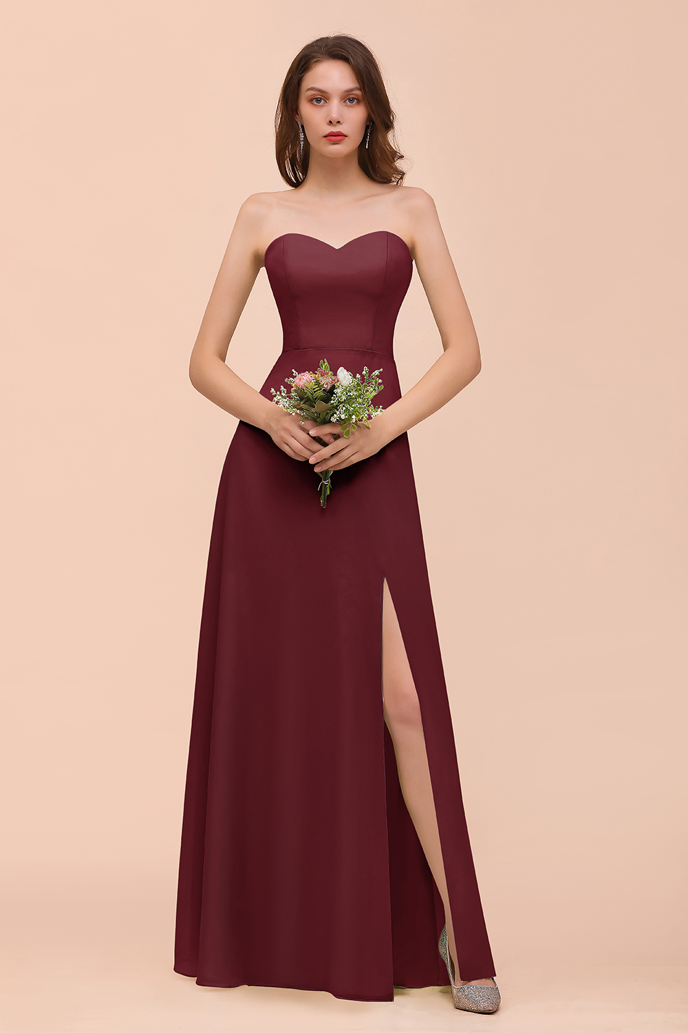 27prom Affordable Strapless Front Slit Long Dusty Sage Bridesmaid Dress-27prom
