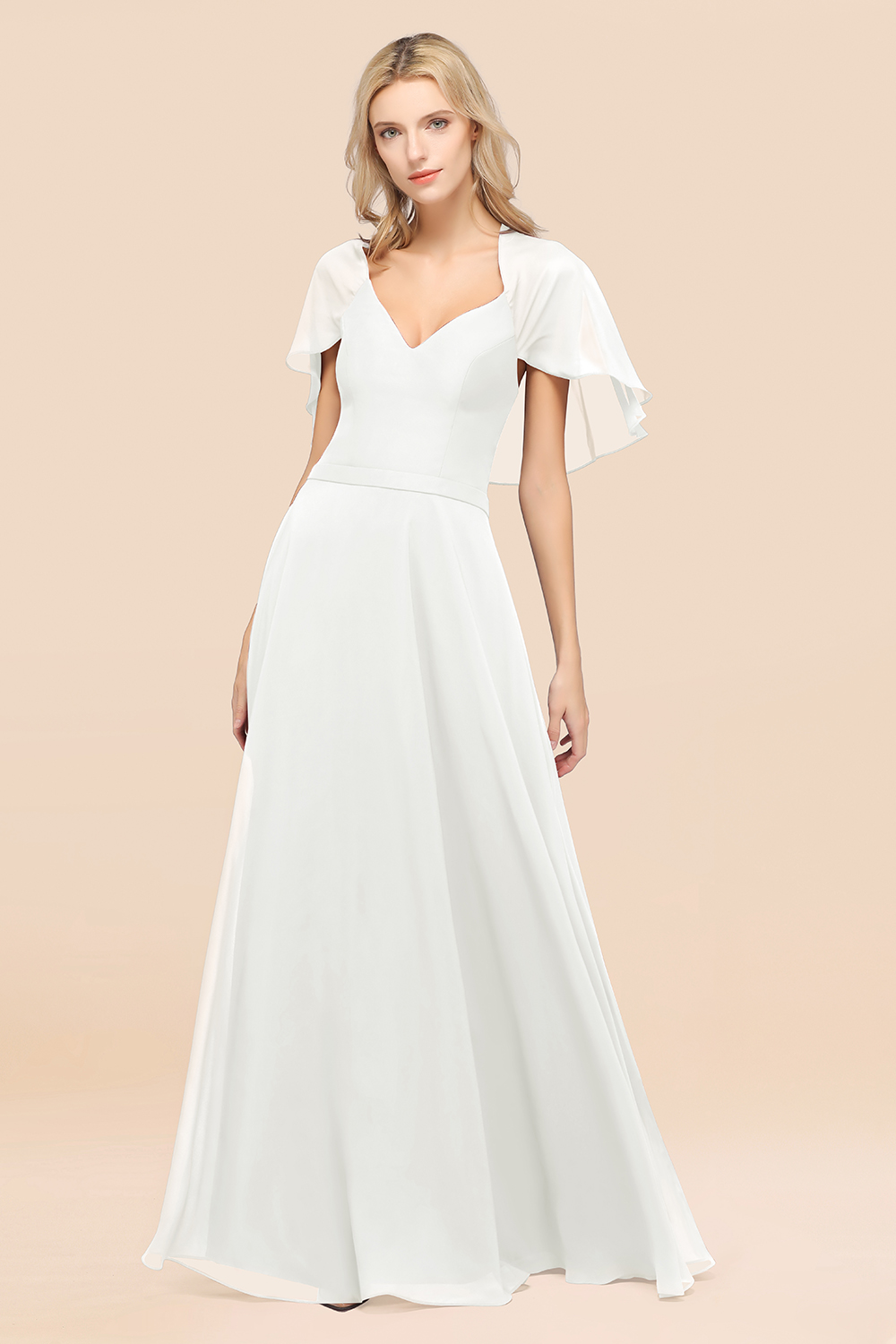 27prom Chic Satin V-Neck Long Burgundy Chiffon Bridesmaid Dress with Flutter Sleeve-27prom