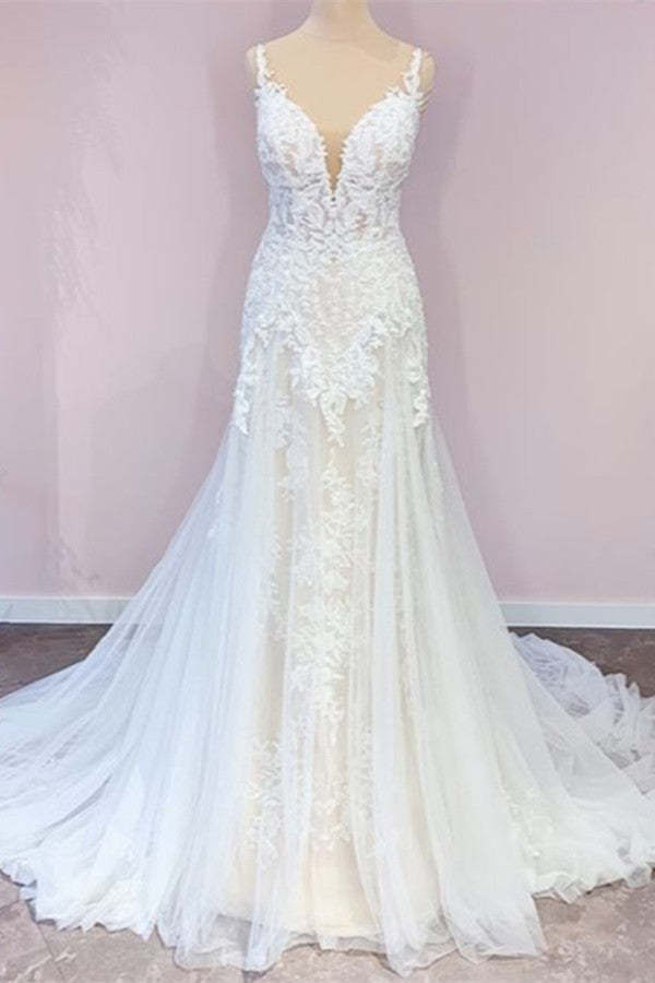 Stunning Spaghetti-Straps A-Line Wedding Dress With Sweetheart Neckline Appliques Lace