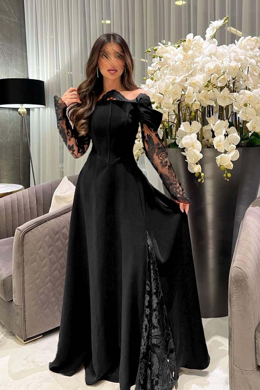 White Off the Shoulder Long Sleeves Long Prom Dress With Appliques