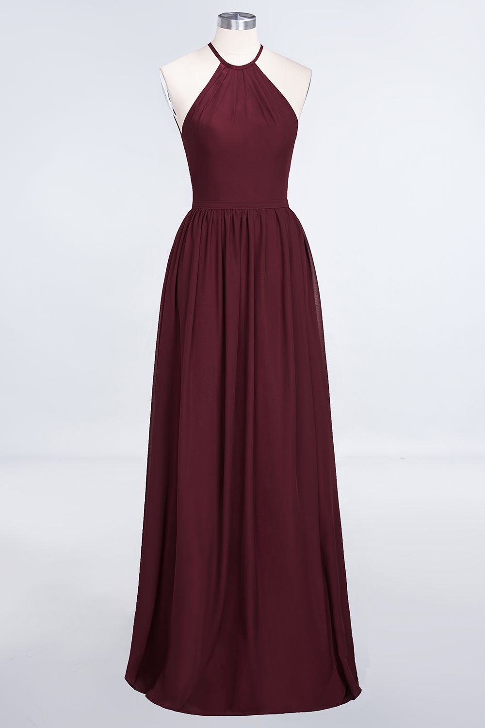 27prom Affordable Halter Sleeveless Long Burgundy Bridesmaid Dress with Ruffle-27prom