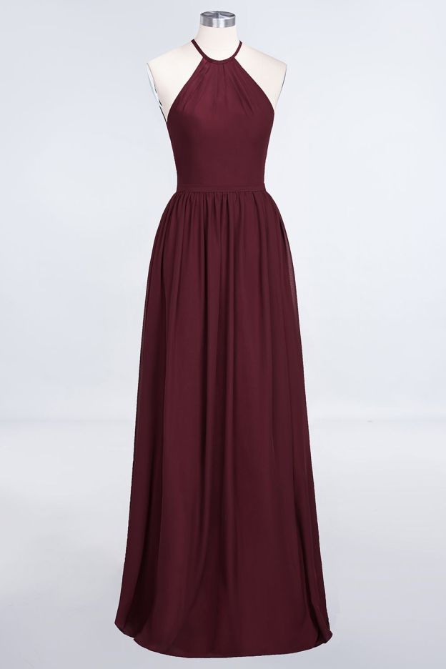 27prom Affordable Halter Sleeveless Long Burgundy Bridesmaid Dress with Ruffle-27prom